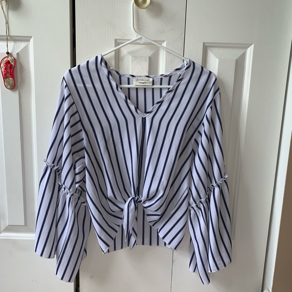 Flowy Blue and White Bell Sleeve Blouse - Picture 2 of 3